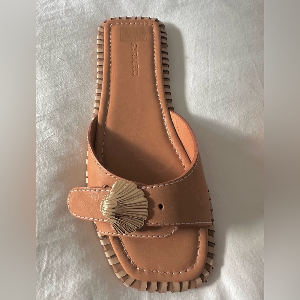 FARM Rio Tan Slide Sandals with Gold Shell Accent - Picture 2 of 6
